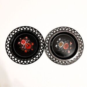 Hand Painted Tole USSR Russian Soviet Floral Plates Lace Lattice Edge Set of 2